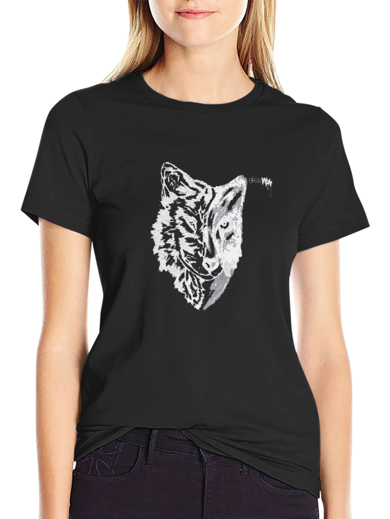 Black Tee with Half Wolf Half Tiger Graphic
