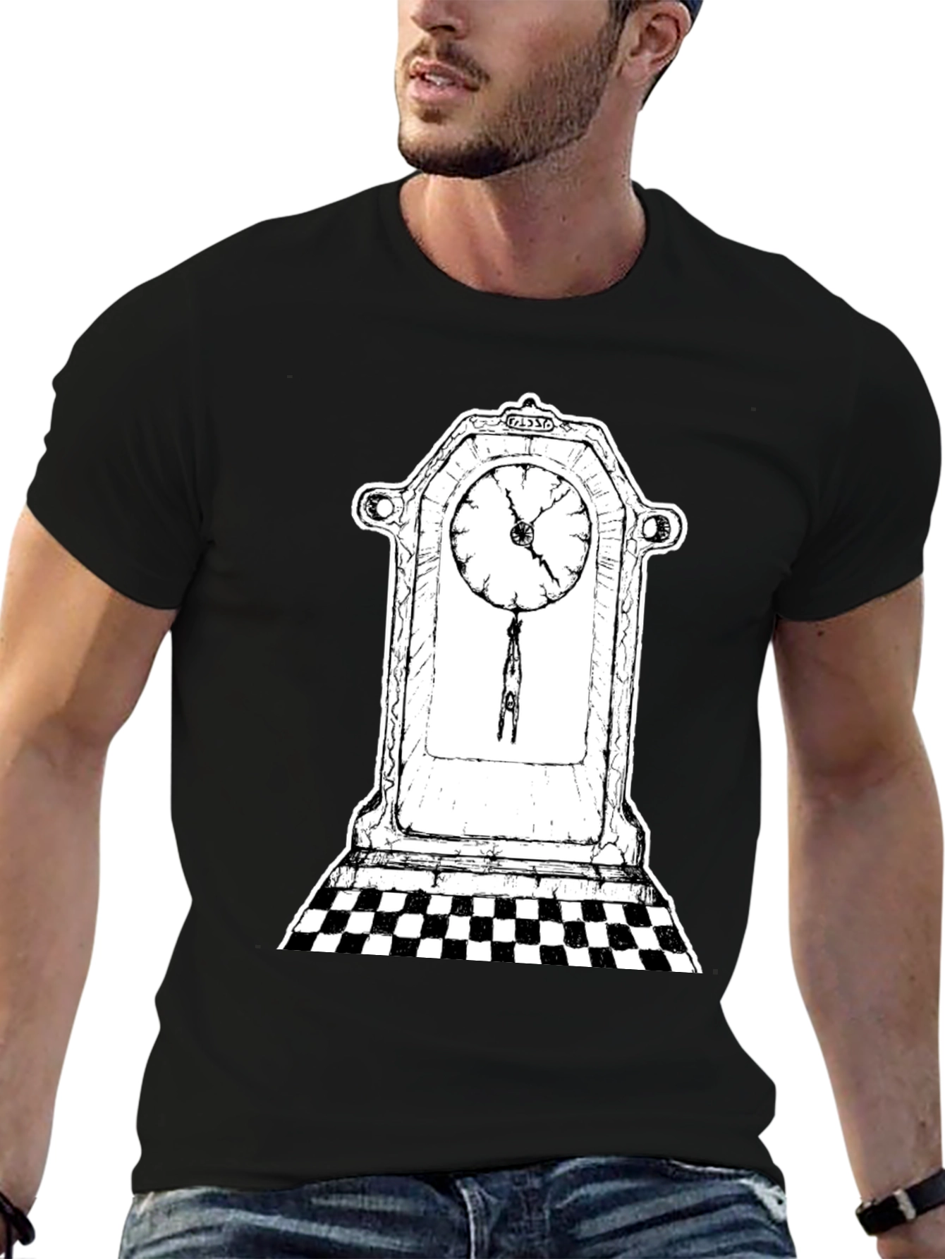 Surreal Clock Tower Graphic Tee - Black Cotton