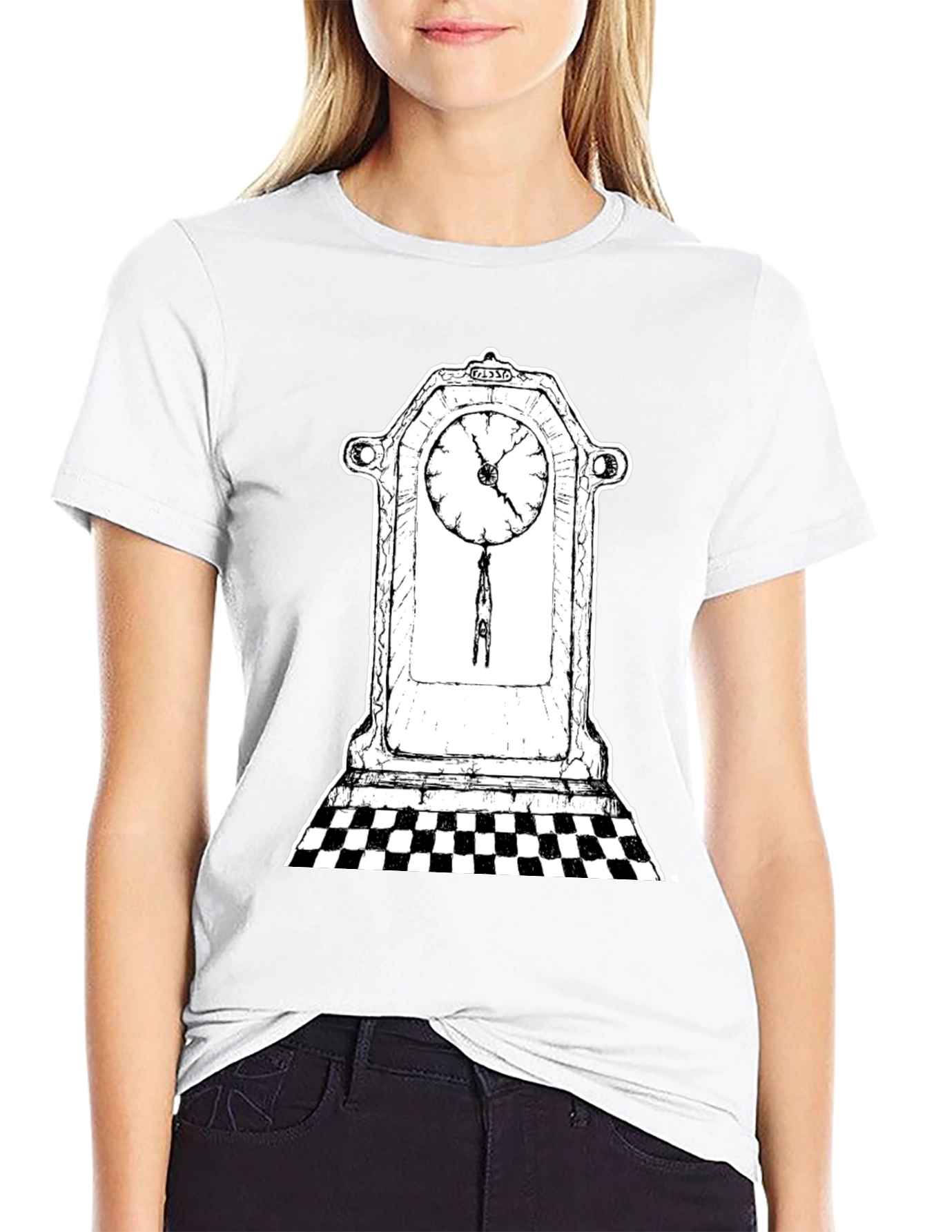 Surreal Clock Tower Graphic Tee - Black Cotton