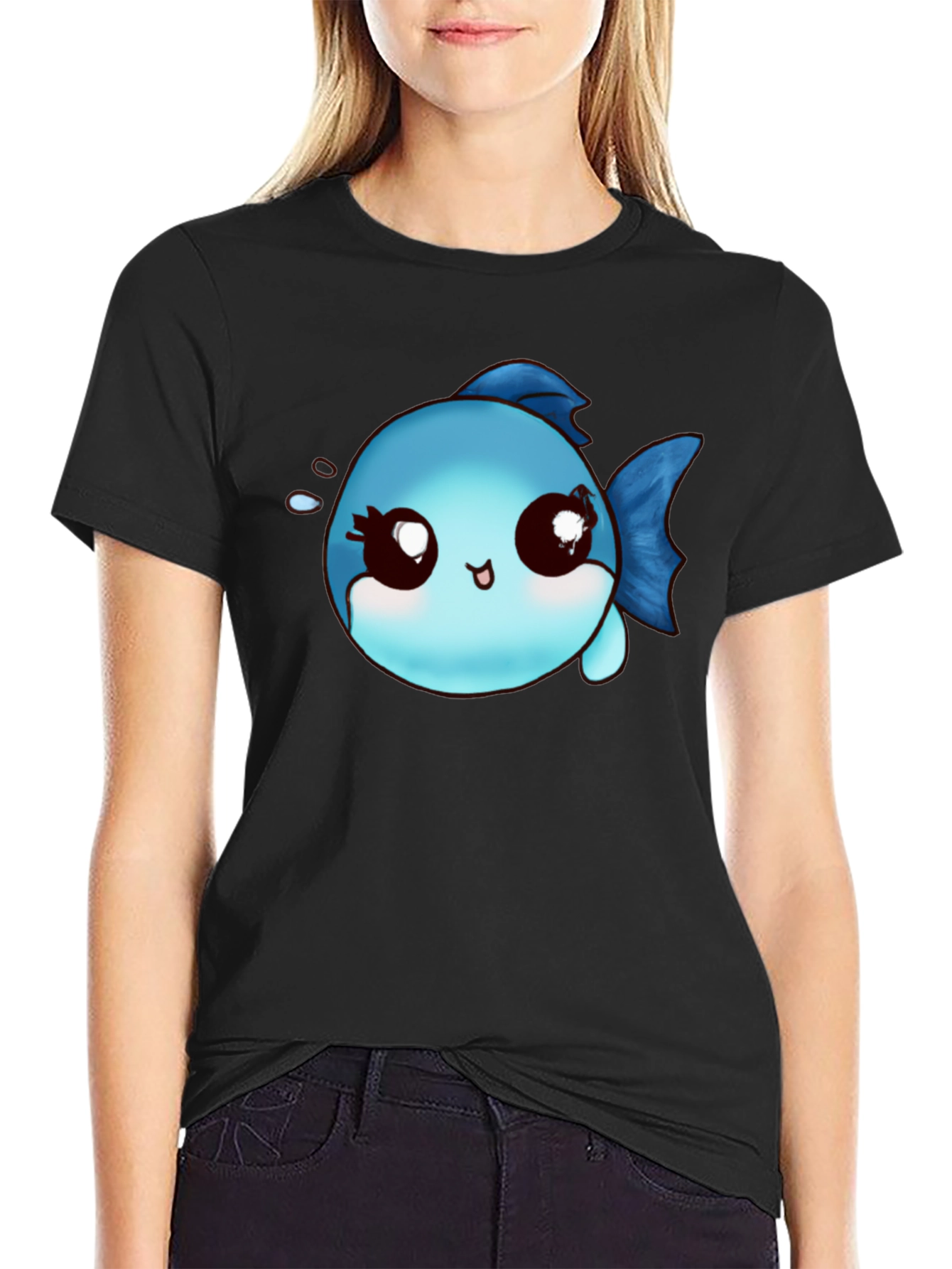 Cute Cartoon Fish Graphic Black T-Shirt