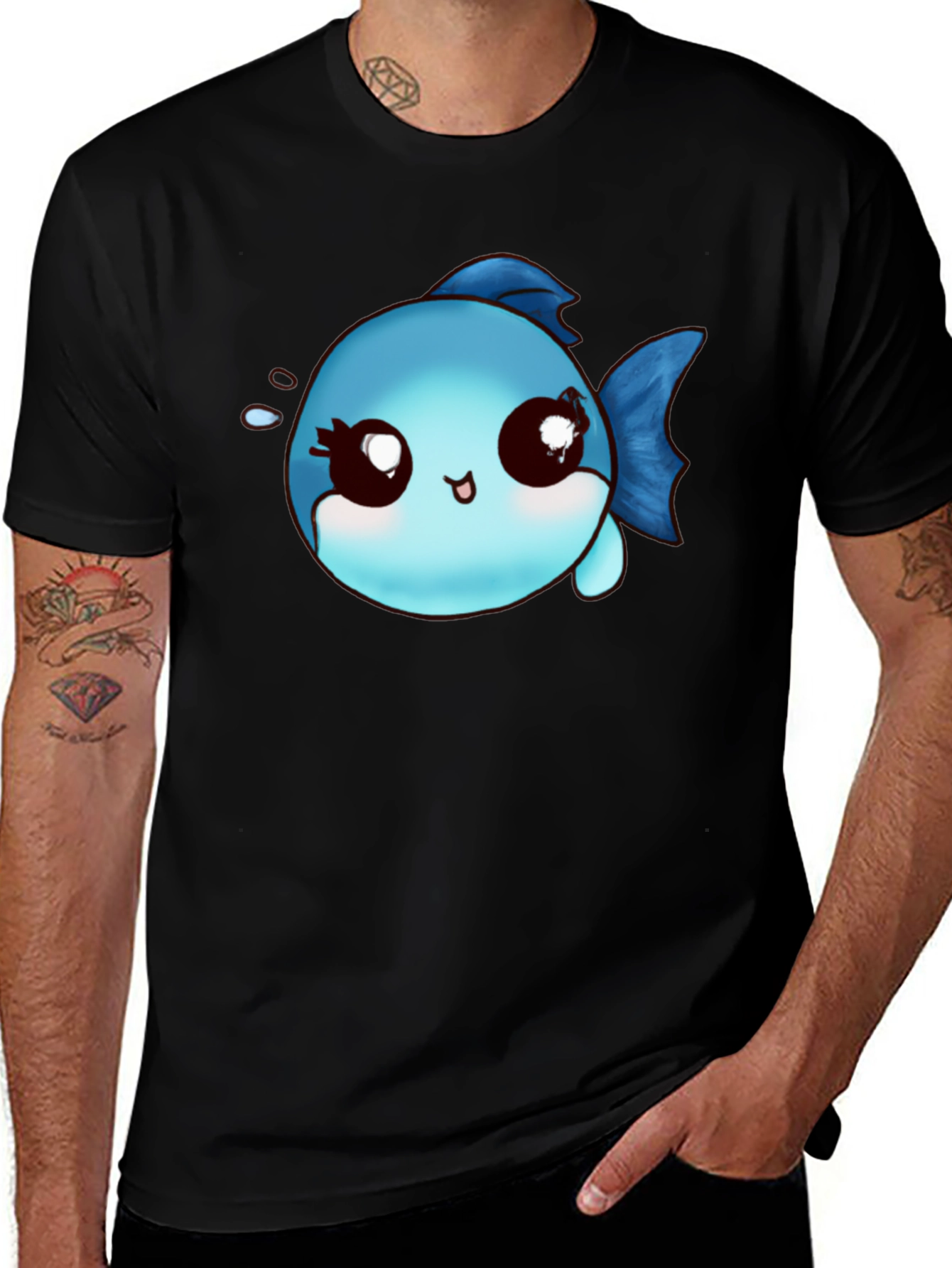 Cute Cartoon Fish Graphic Black T-Shirt