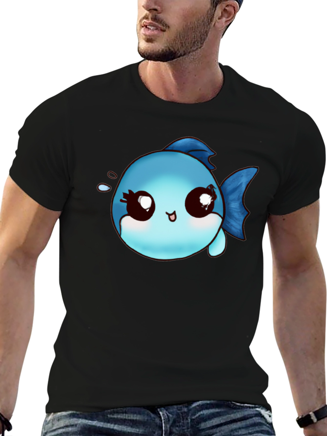 Cute Cartoon Fish Graphic Black T-Shirt