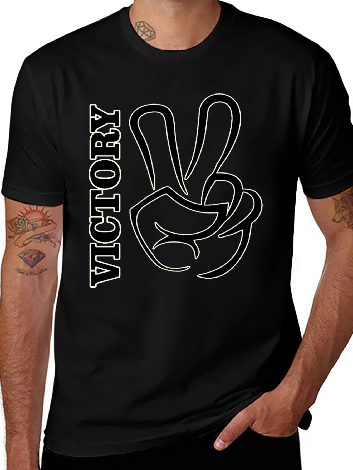 Victory Gesture Graphic Tee - Stylish Black T-Shirt
