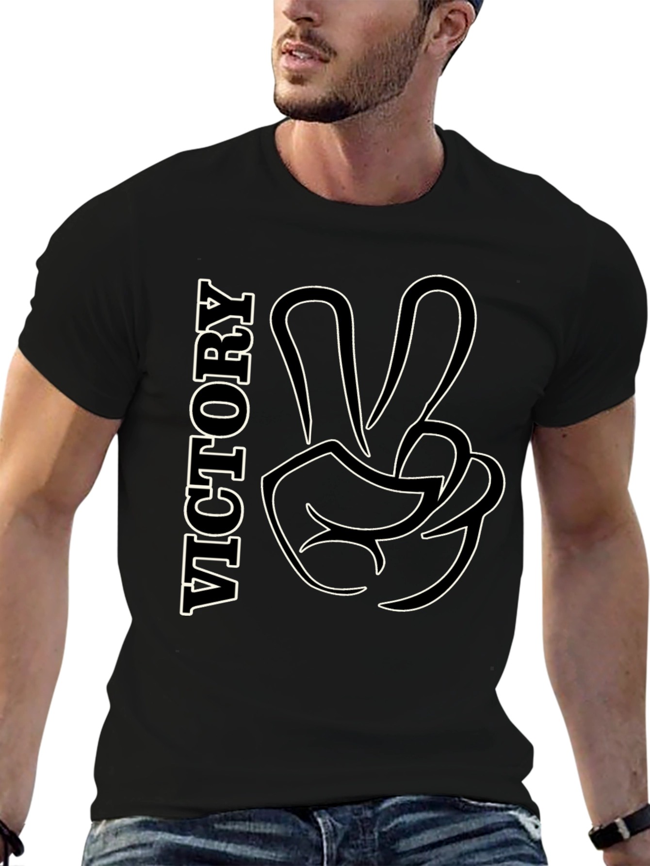 Victory Gesture Graphic Tee - Stylish Black T-Shirt