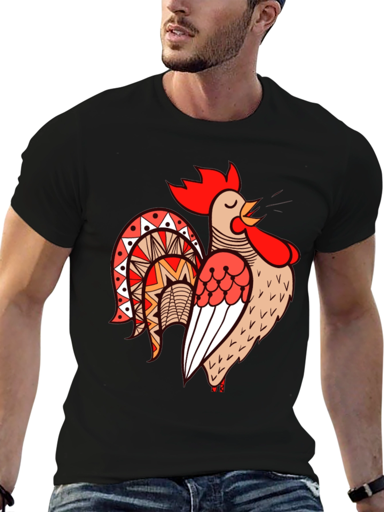 Rooster Graphic Tee - Black Cotton T-Shirt