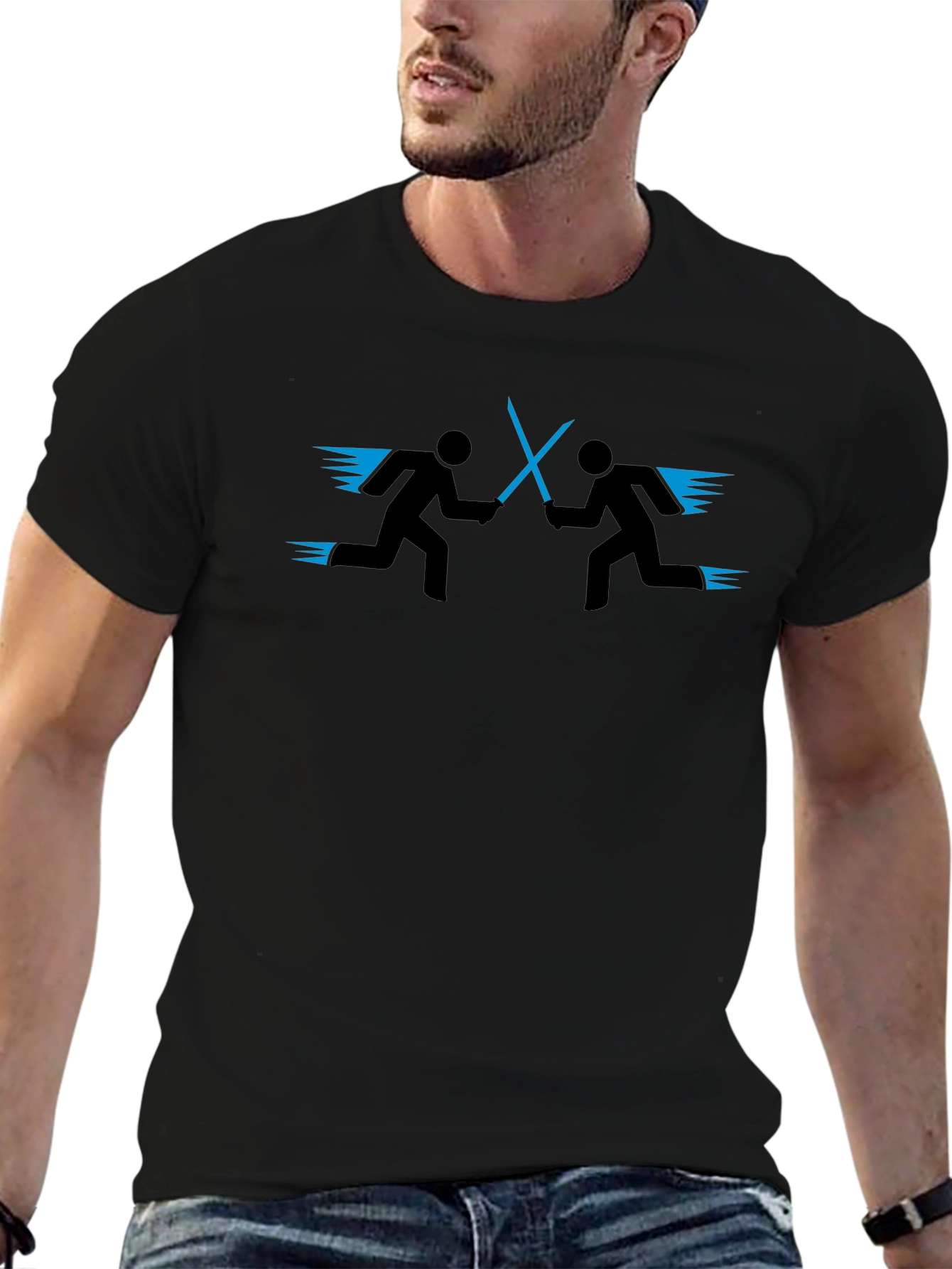 Stick Figure Light Saber Duel Black T-Shirt