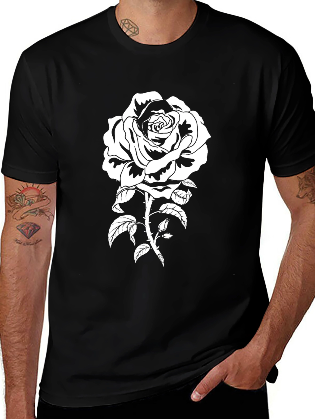 Black T-Shirt with White Rose Graphic