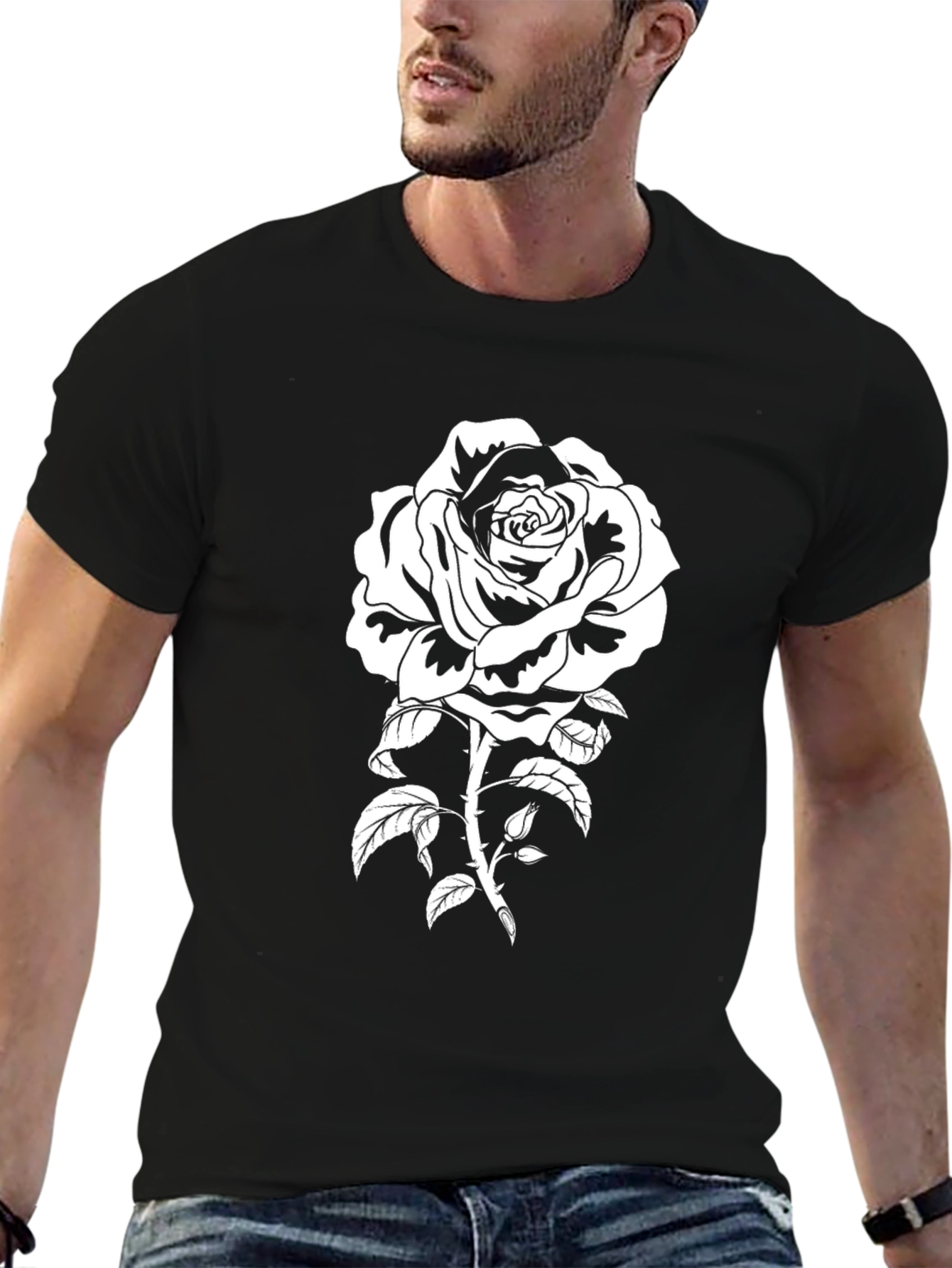 Black T-Shirt with White Rose Graphic