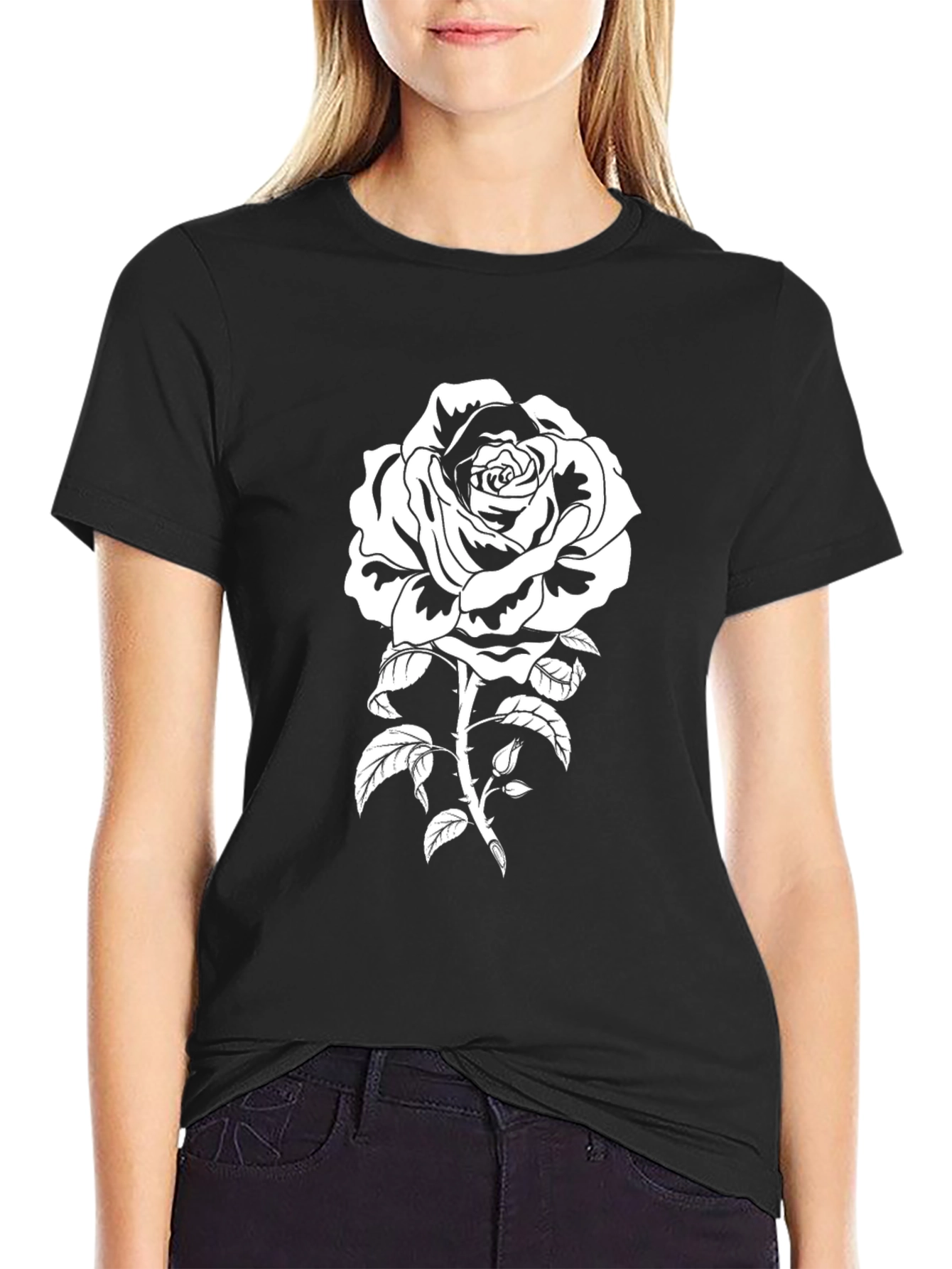 Black T-Shirt with White Rose Graphic