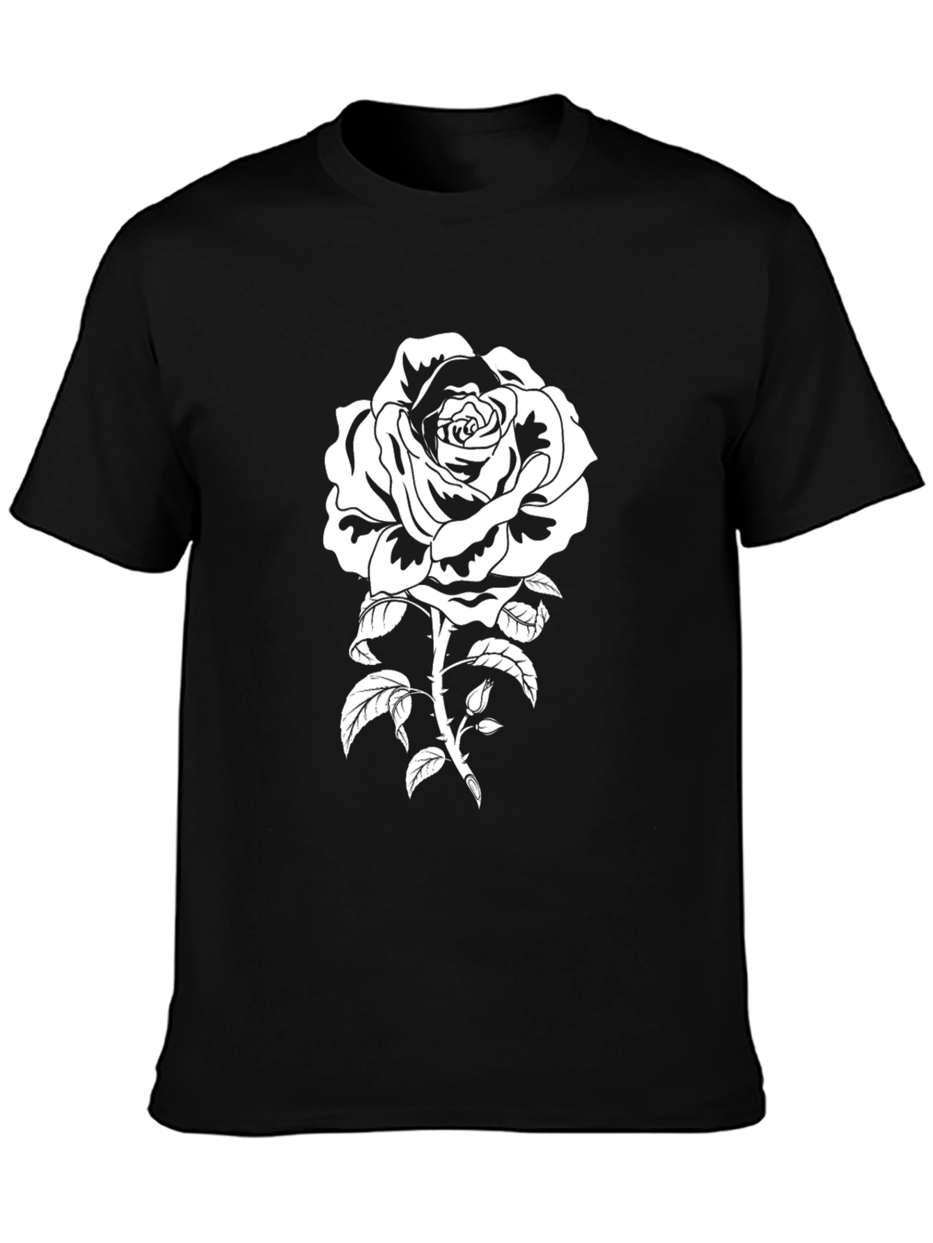 Black T-Shirt with White Rose Graphic