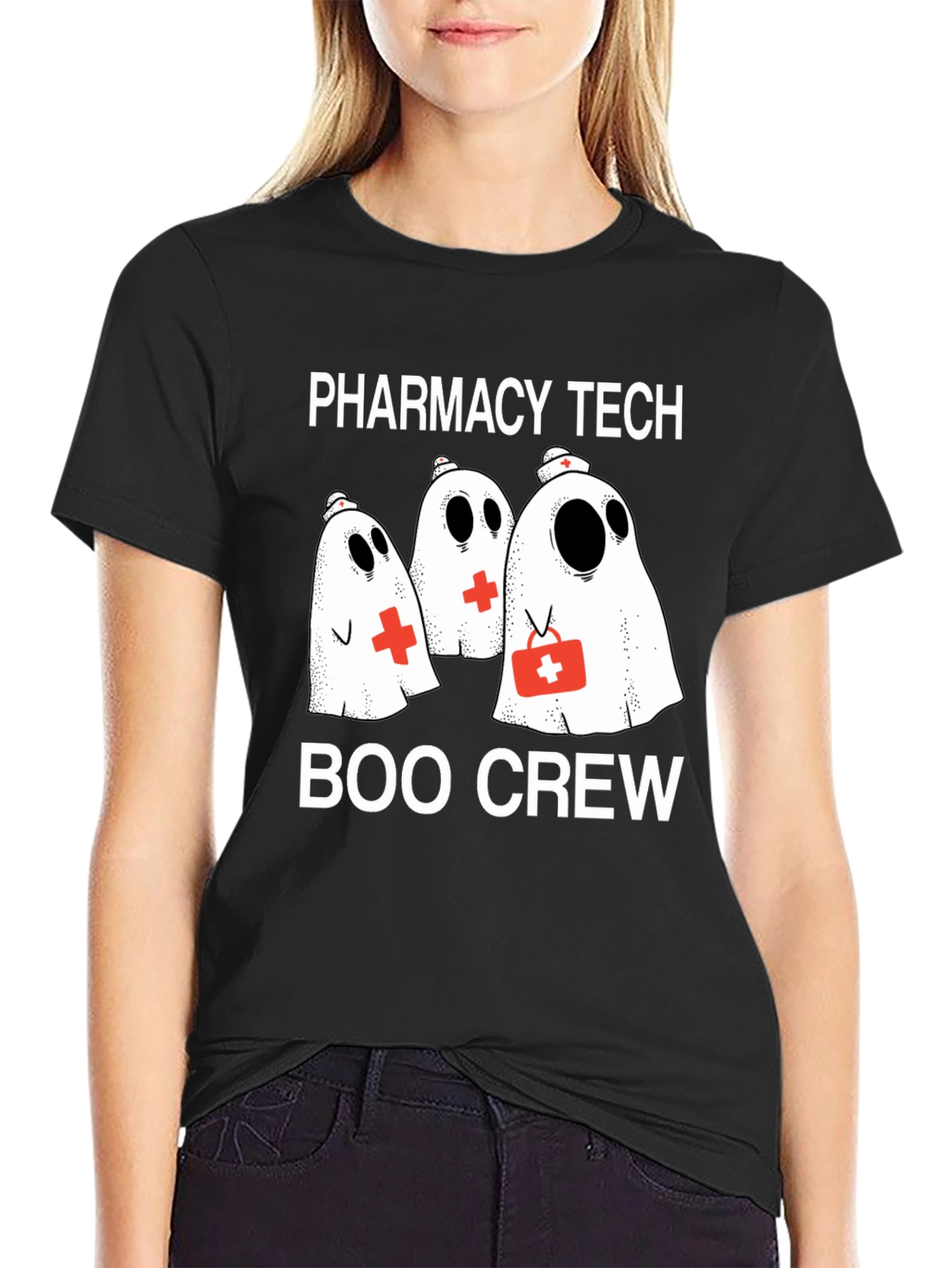 Pharmacy Tech Boo Crew T-Shirt - Halloween Ghost Design