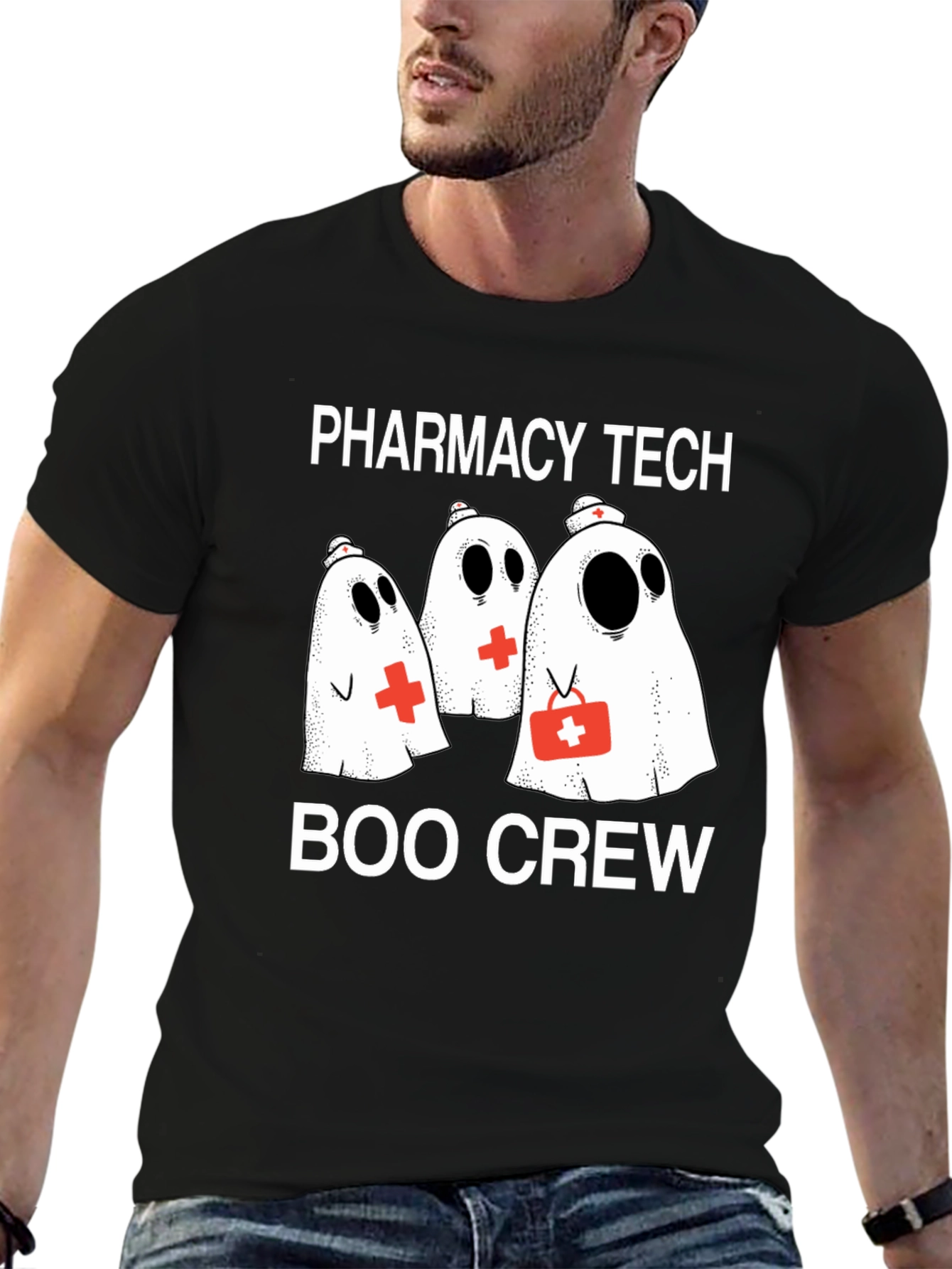 Pharmacy Tech Boo Crew T-Shirt - Halloween Ghost Design