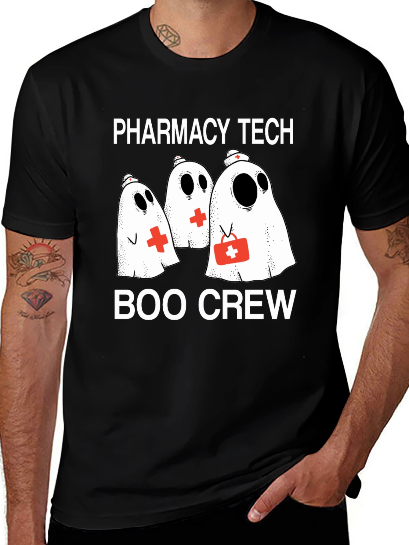 Pharmacy Tech Boo Crew T-Shirt - Halloween Ghost Design