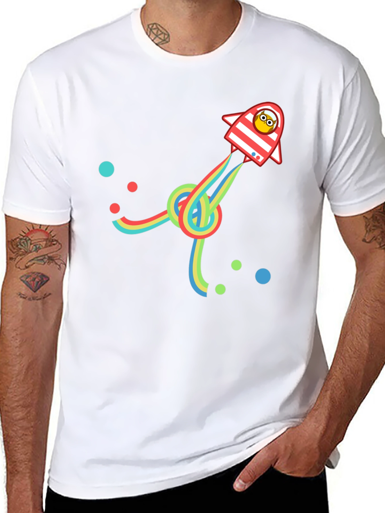Retro Rocket T-Shirt with Rainbow Trail - Black