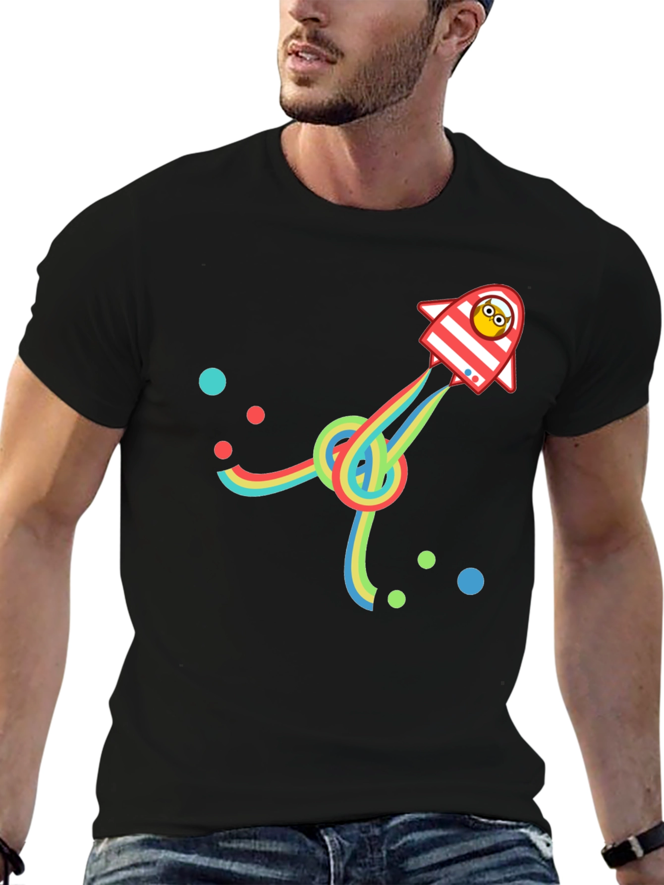 Retro Rocket T-Shirt with Rainbow Trail - Black