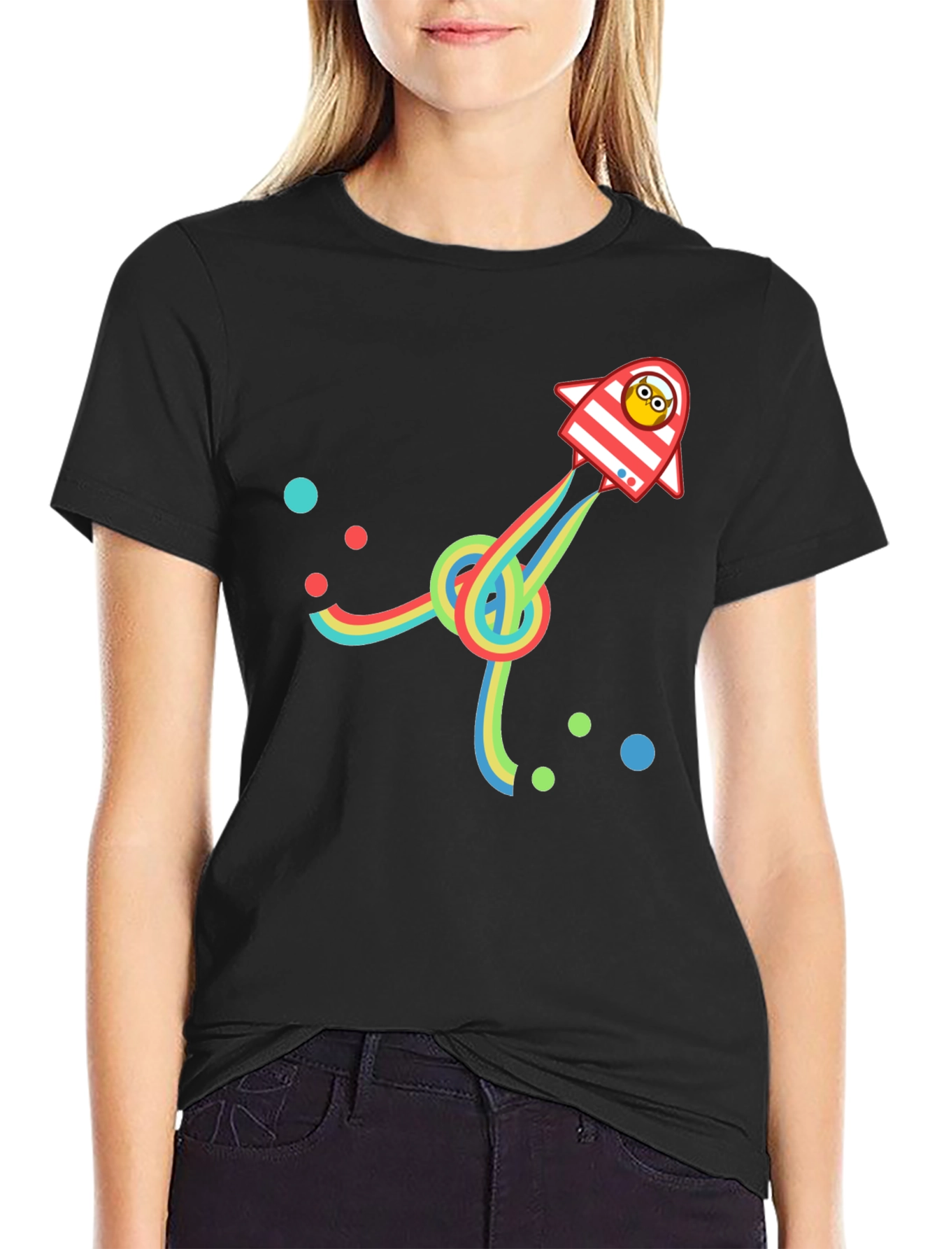 Retro Rocket T-Shirt with Rainbow Trail - Black