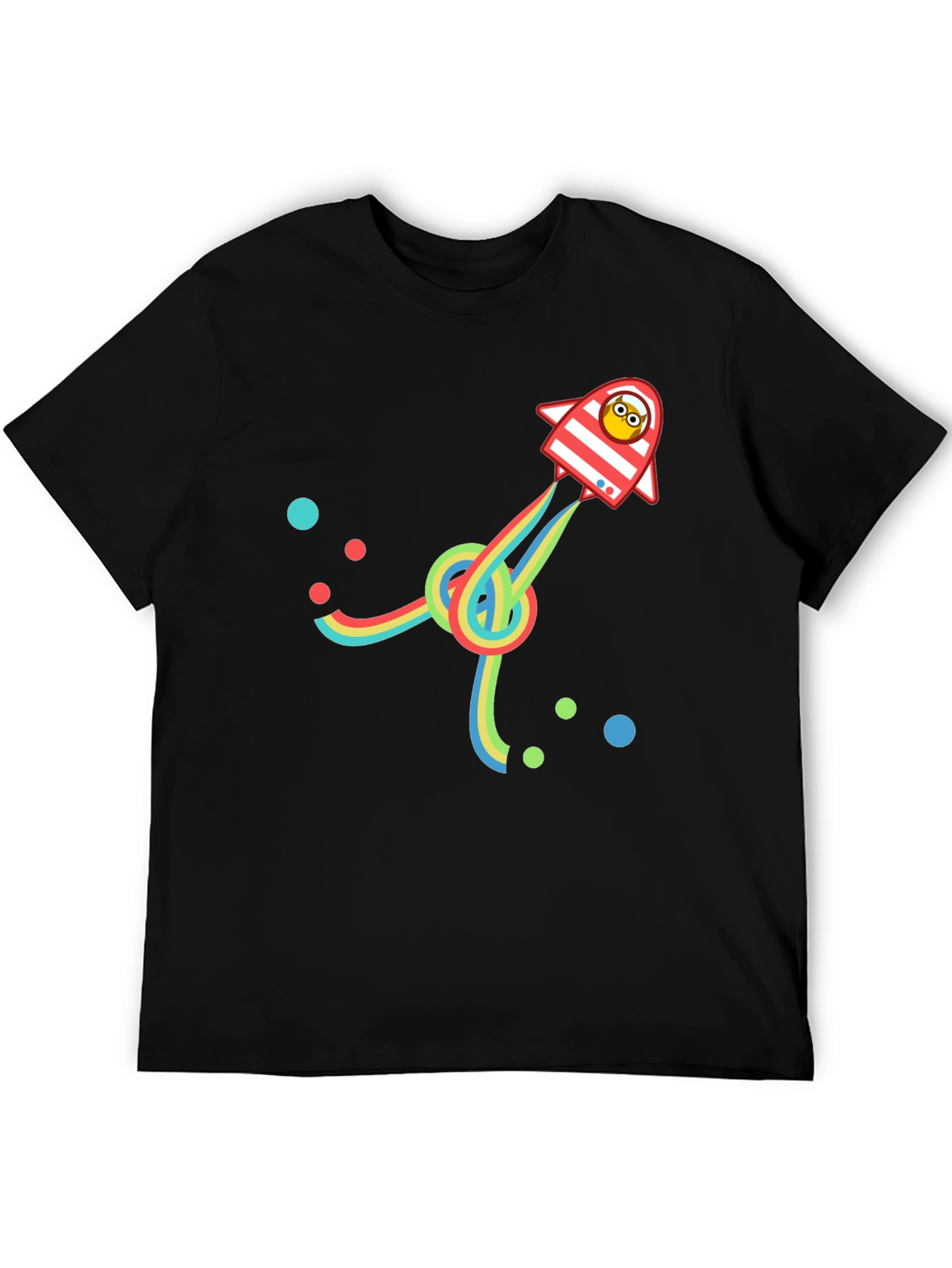 Retro Rocket T-Shirt with Rainbow Trail - Black