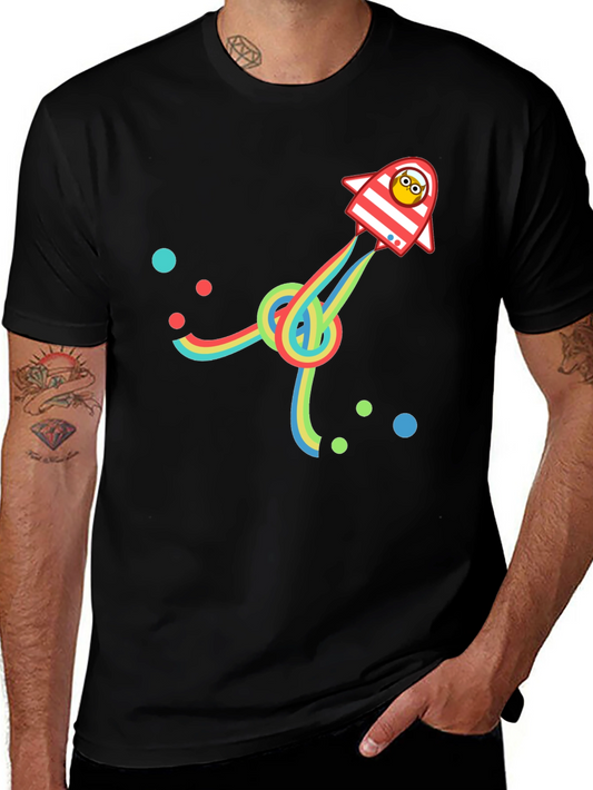Retro Rocket T-Shirt with Rainbow Trail - Black