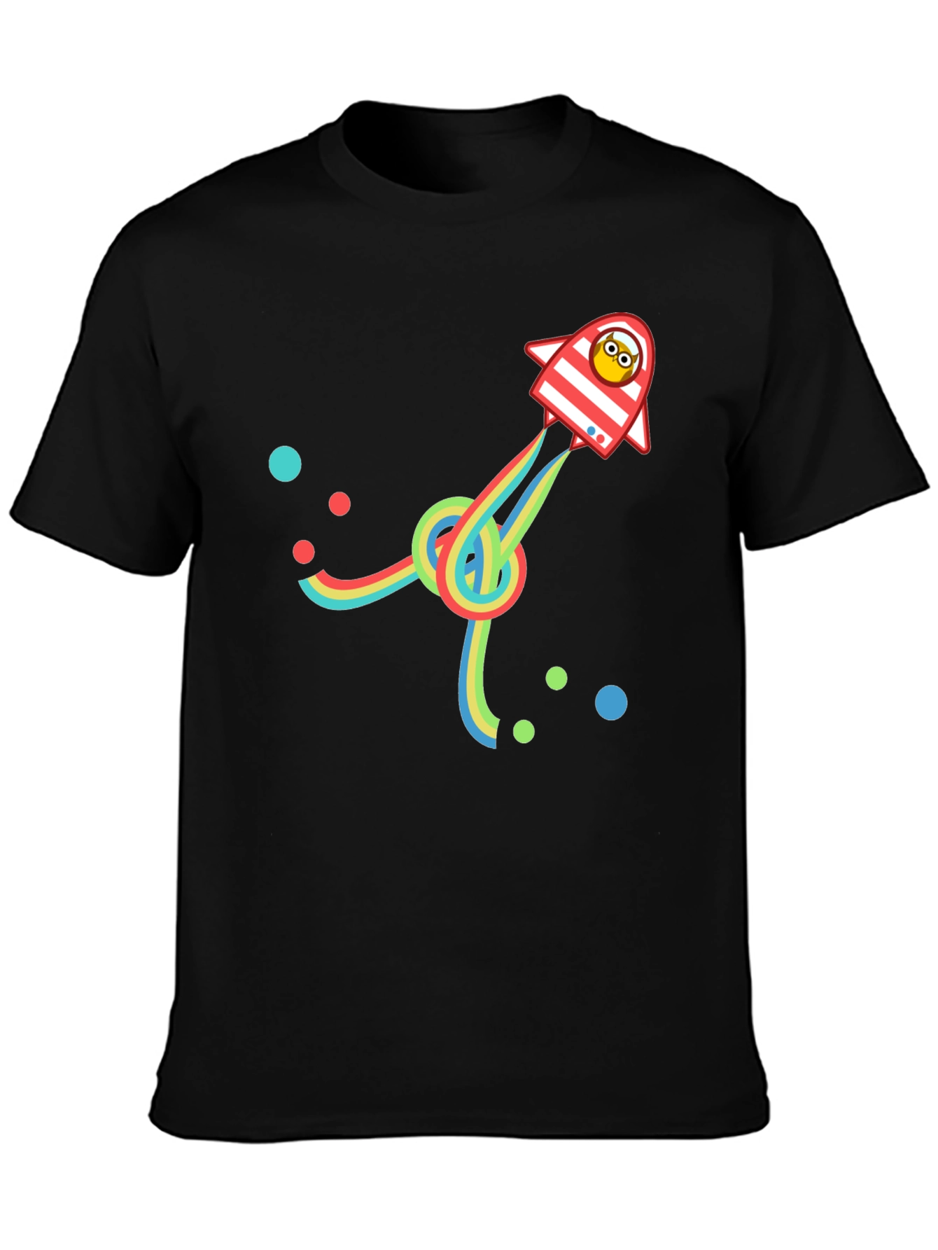 Retro Rocket T-Shirt with Rainbow Trail - Black