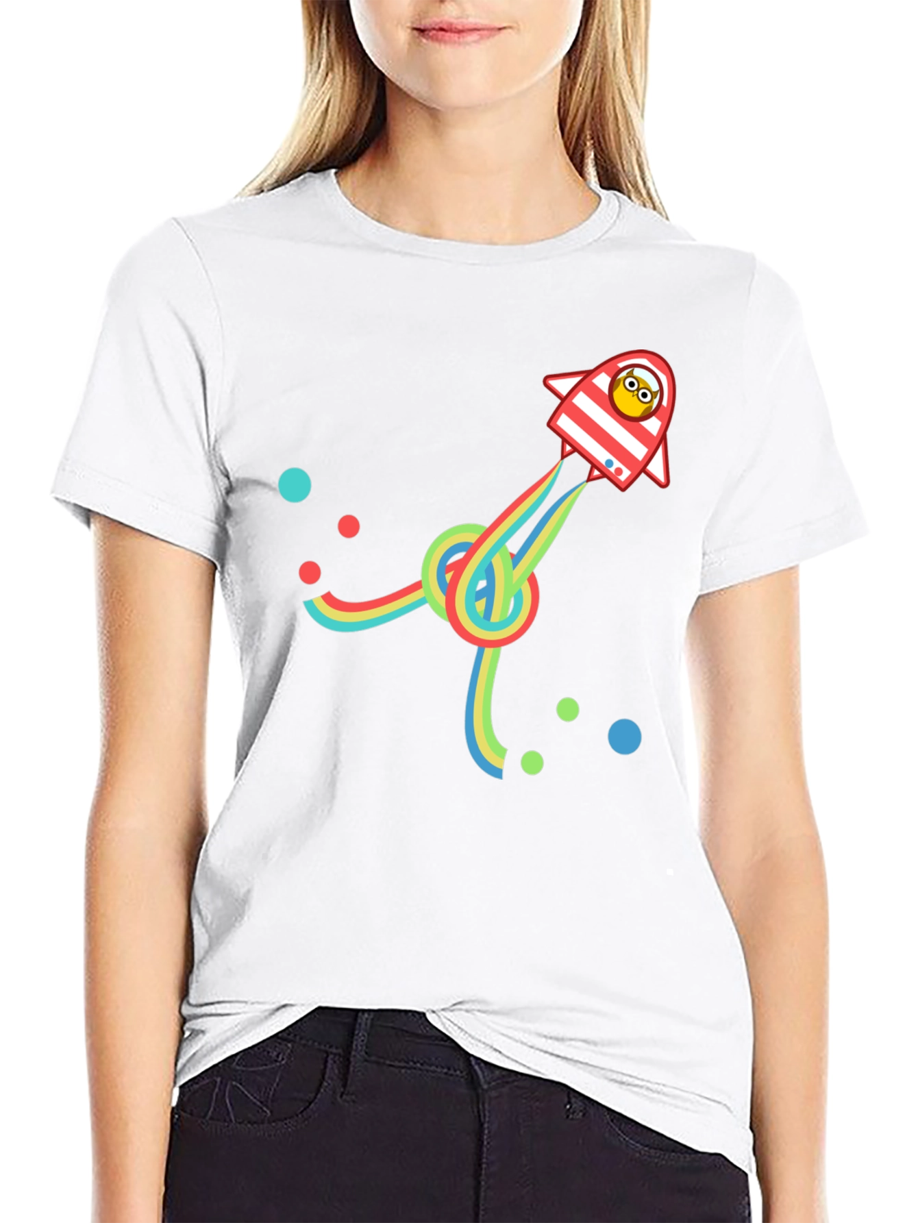Retro Rocket T-Shirt with Rainbow Trail - Black