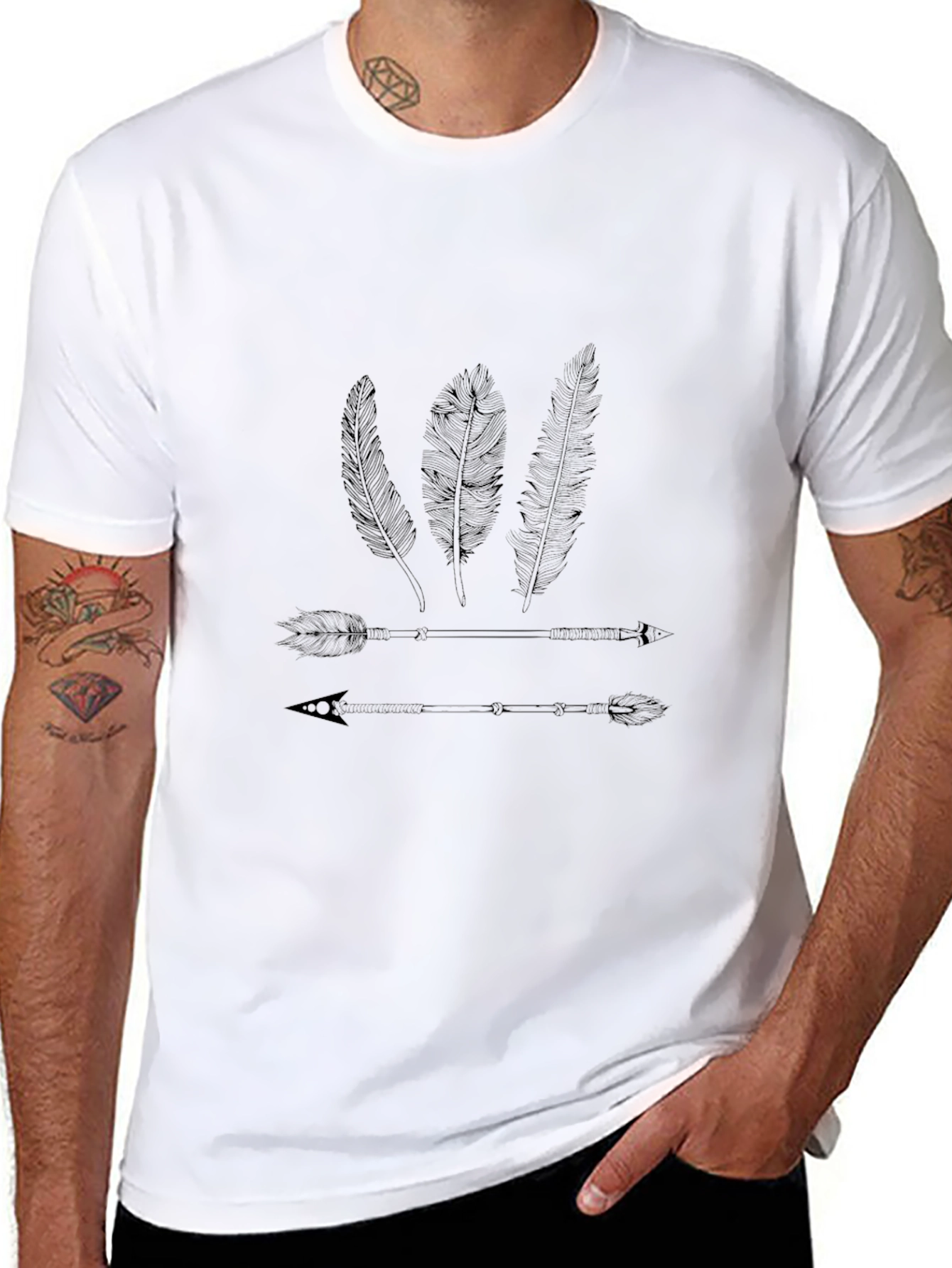 Mens Black T-Shirt with Arrow & Feather Design