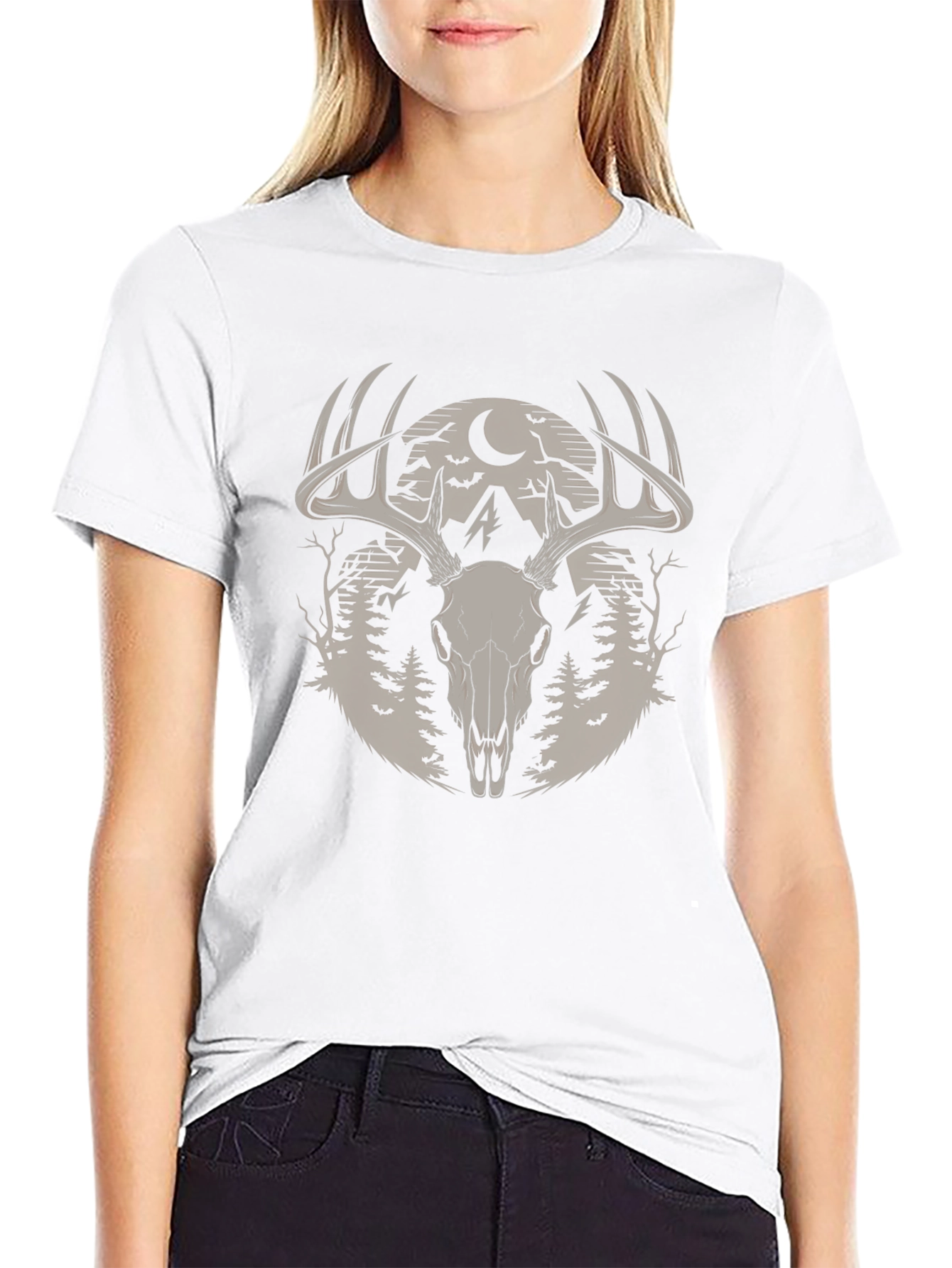Skull & Antler Graphic Tee - Black Cotton Blend