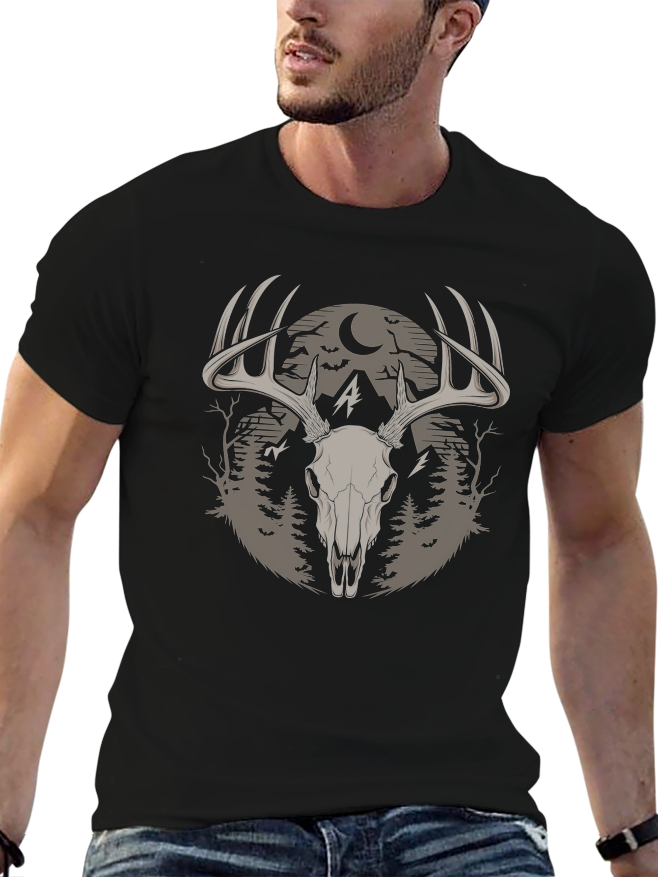 Skull & Antler Graphic Tee - Black Cotton Blend