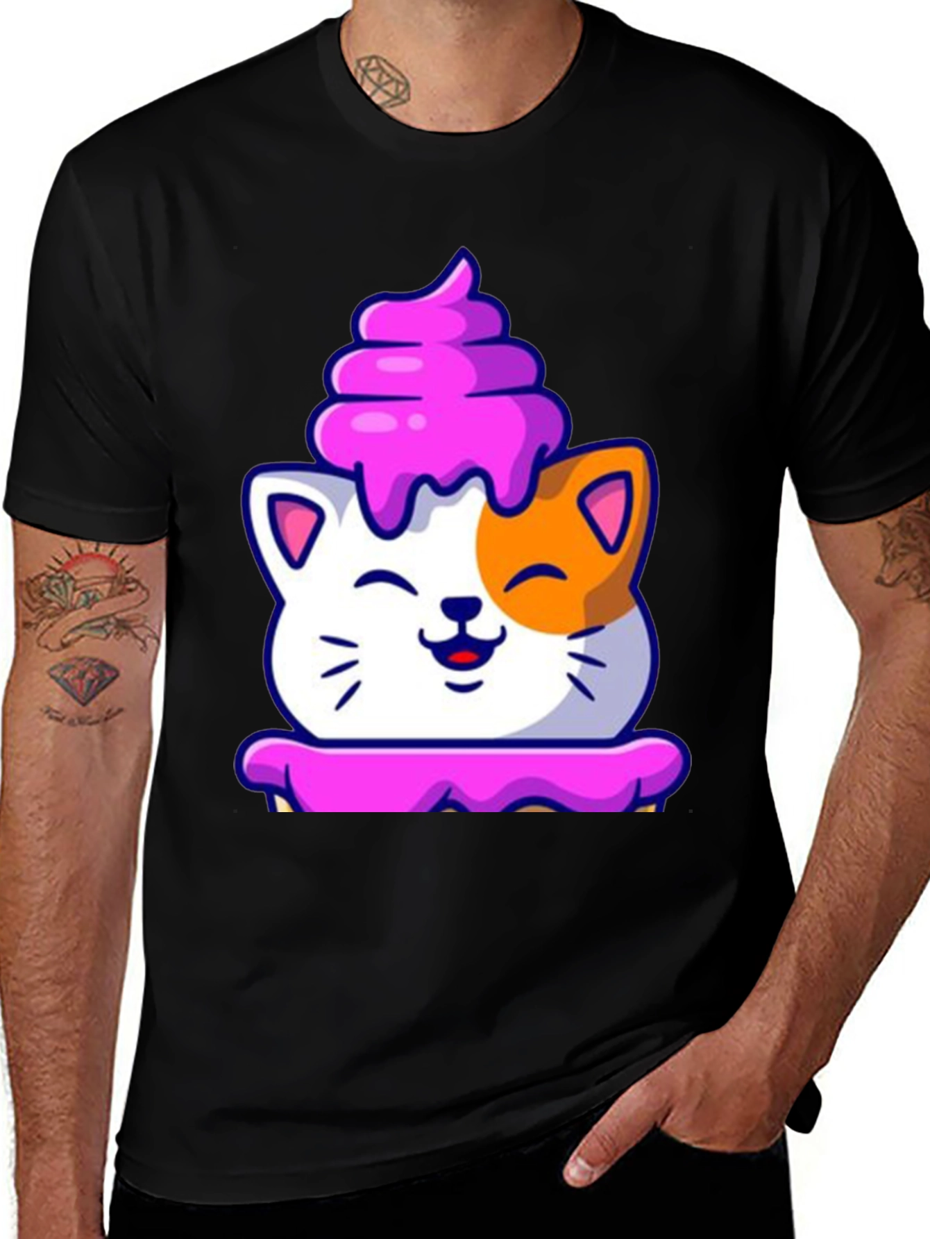 Cute Cat Cupcake Graphic Tee - Black