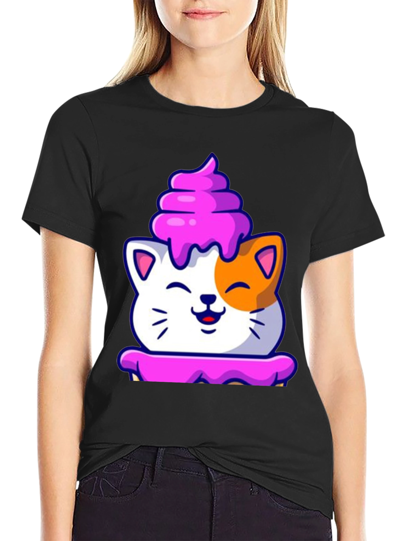 Cute Cat Cupcake Graphic Tee - Black